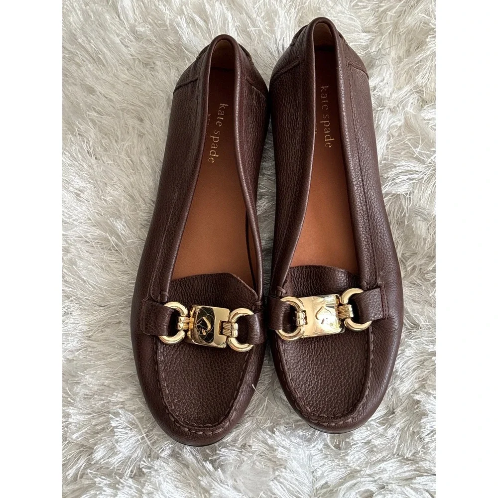 Kate Spade New York Carson Brown Pebbled Leather Flat Loafers Gold Hardware 7M